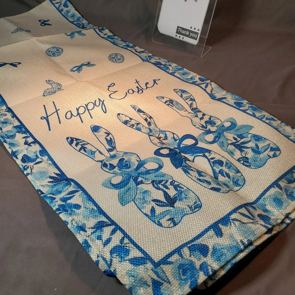 Blue porcelain bunny, happy Easter table runner 13x60 inch - Picture 6 of 10